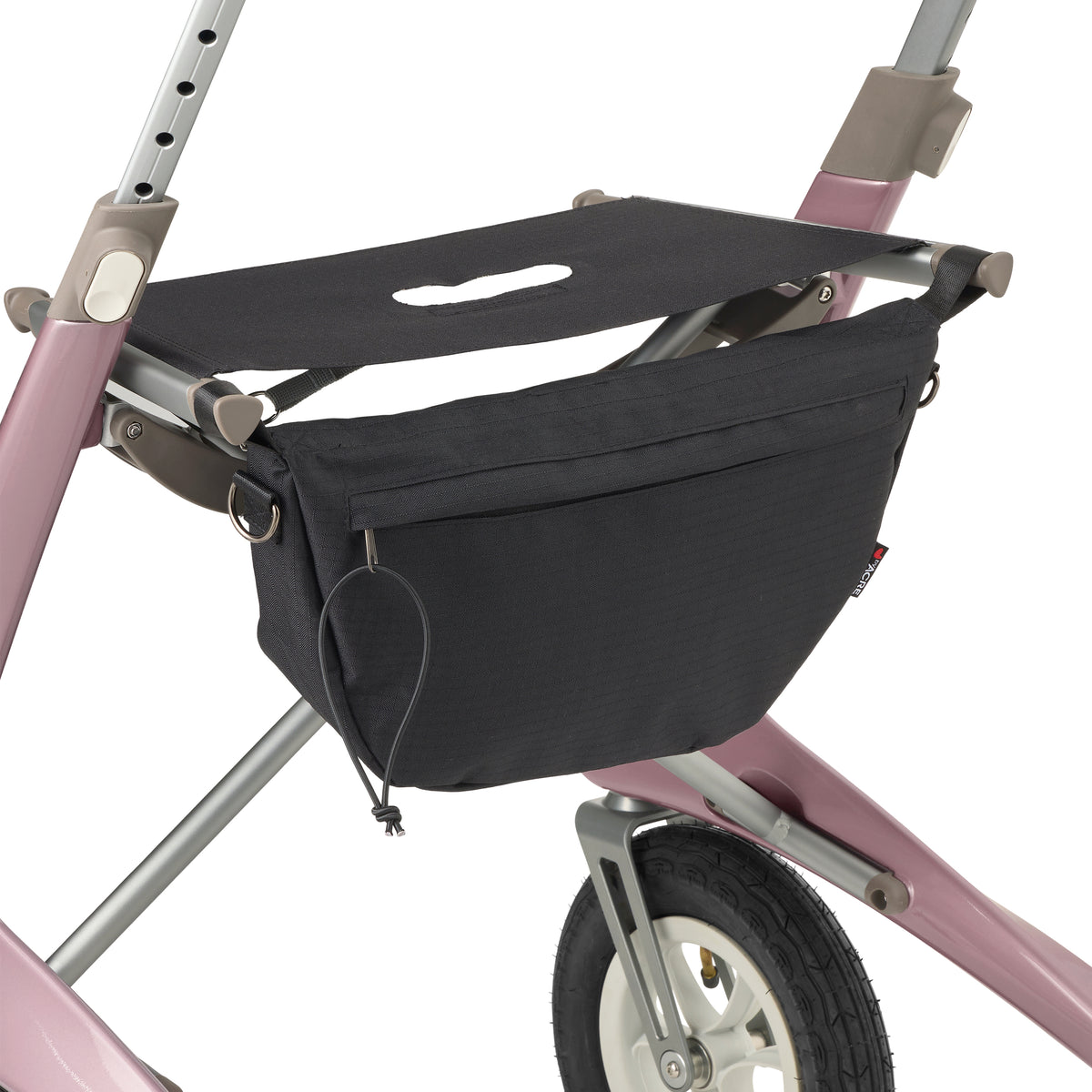 Black stroller organizer attached to a pink rollator on a white background