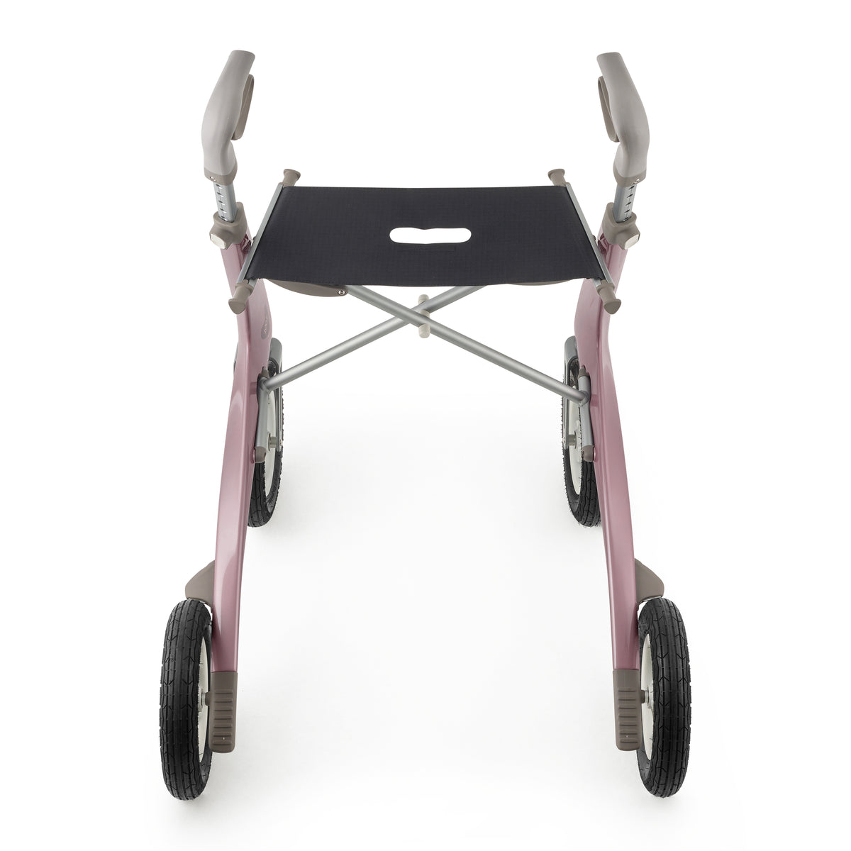 A pink manual walker with a black seat, silver metal frame, and four wheels, shown from a front-facing perspective on a white background.