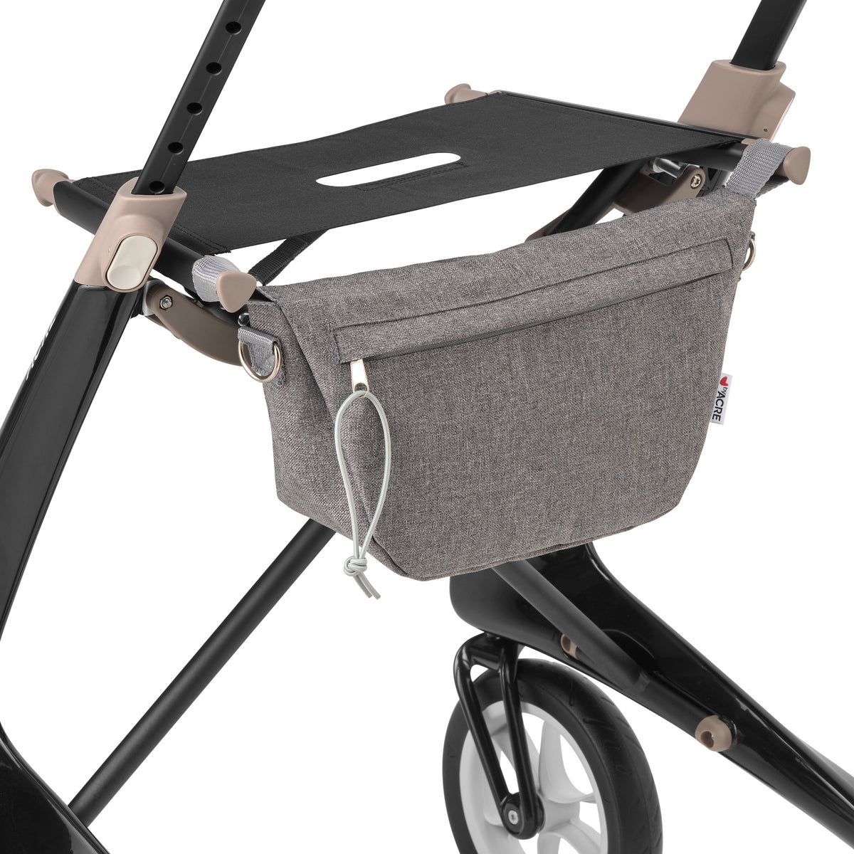 Grey pouch on black rollator 