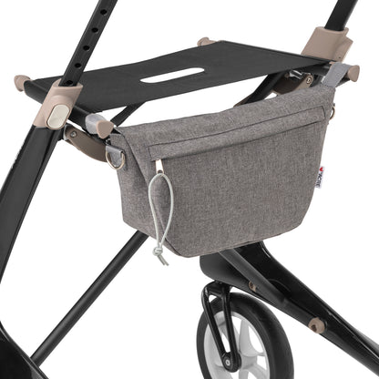Grey pouch on black rollator 