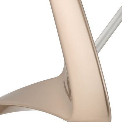 Close-up of a modern rollator with a glossy, curved beige seat and a white metal leg against a plain white background.