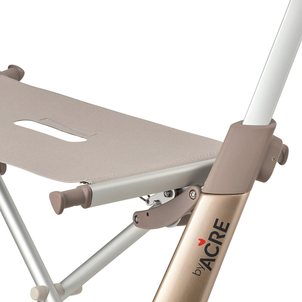 Close-up of a beige rollator with 'ByACRE' branding on a white background