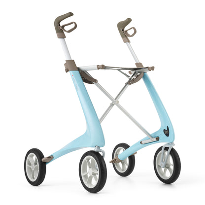 Light blue and white rollator on a white background