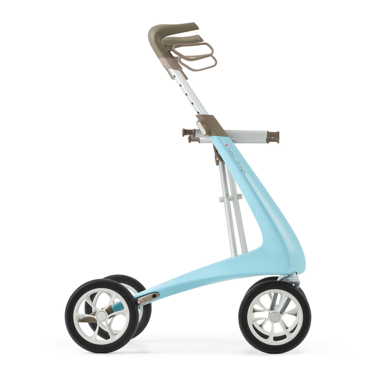 Light blue rollator with a white background