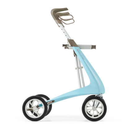 Light blue rollator with a white background