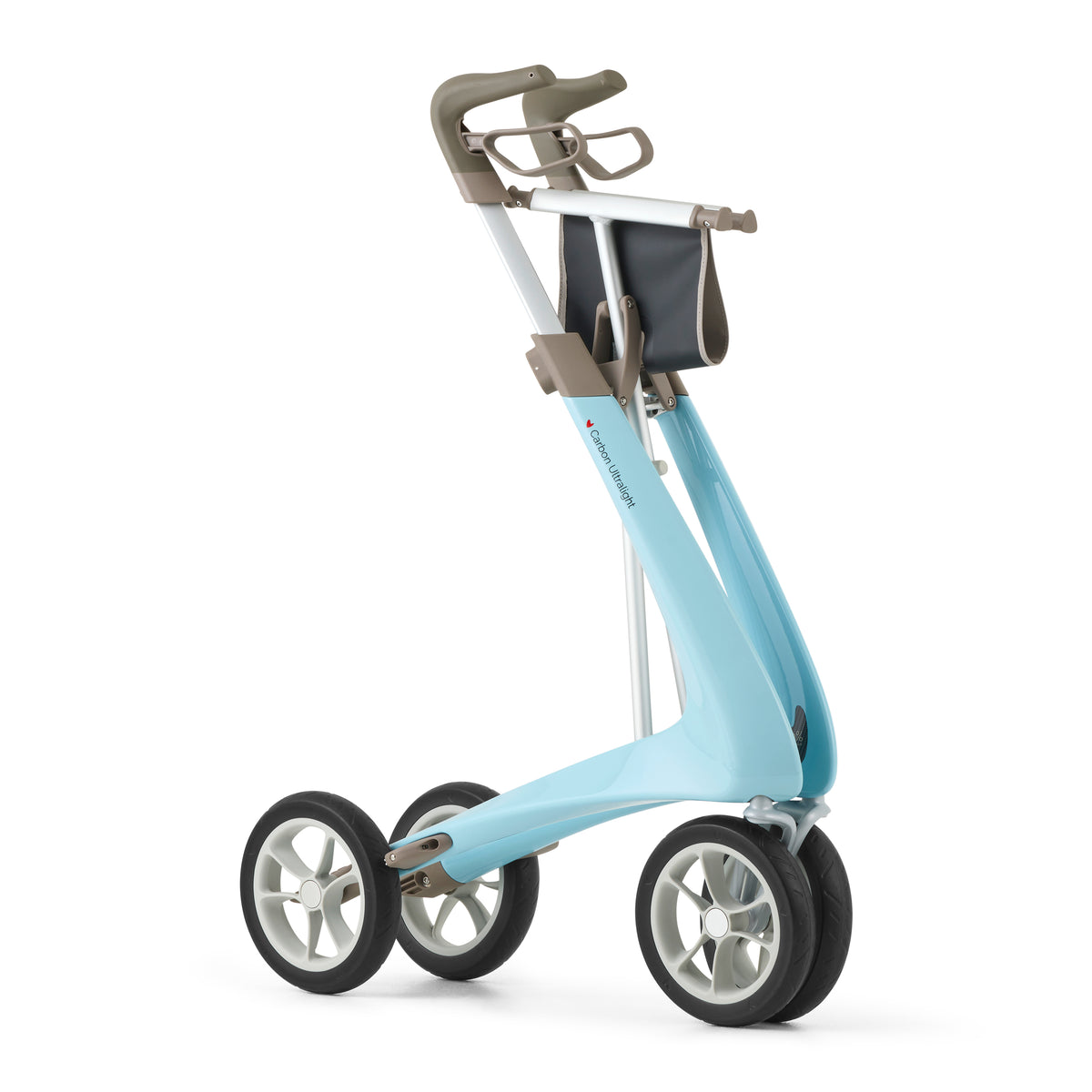 Light blue rollator with four wheels on a white background