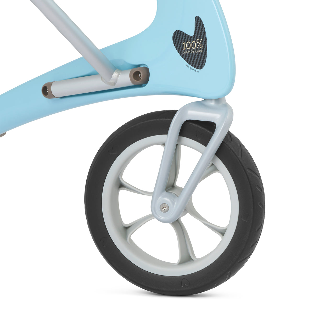 Close-up of a light blue rollator with a black wheel on a white background