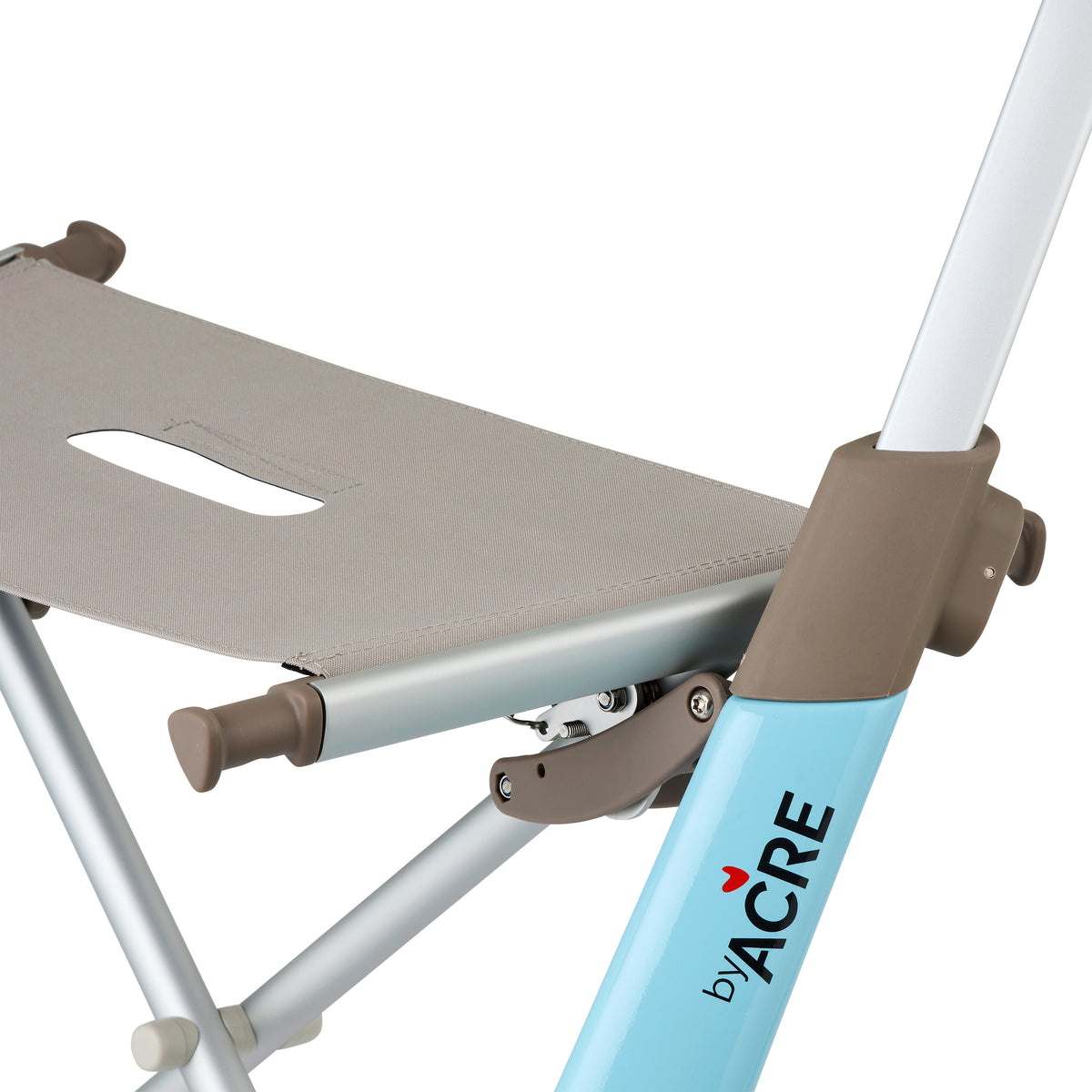 Close-up of a folding rollator with a visible brand logo on a white background