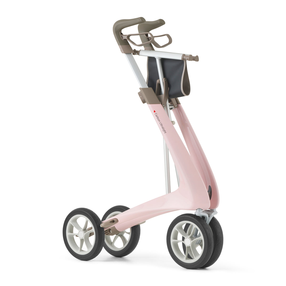 Pink and silver rollator on white background