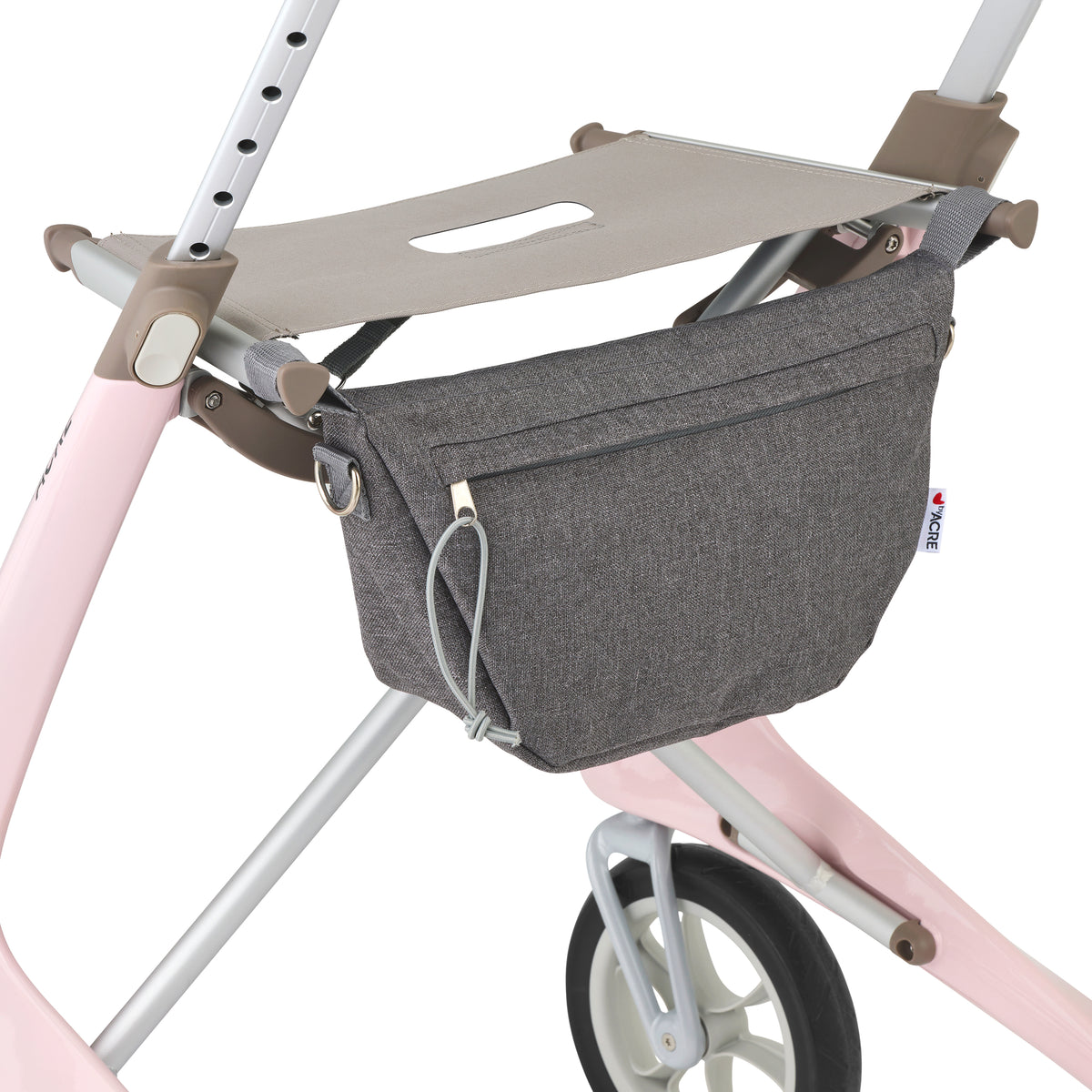 Pink rollator with grey storage pouch