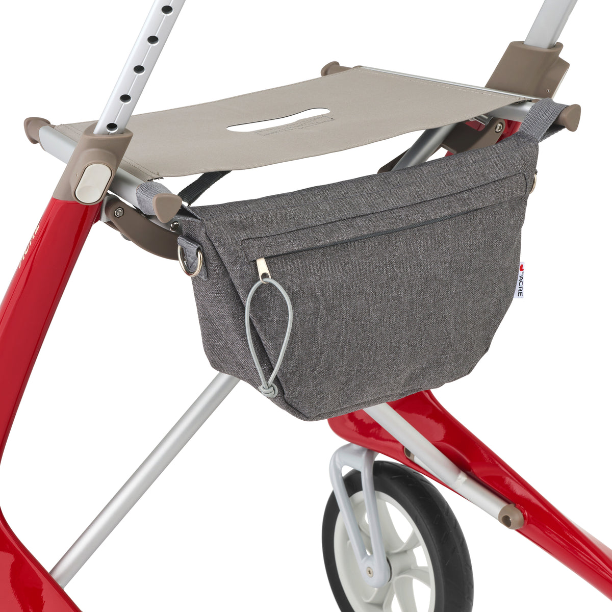 Red rollator with storage pouch