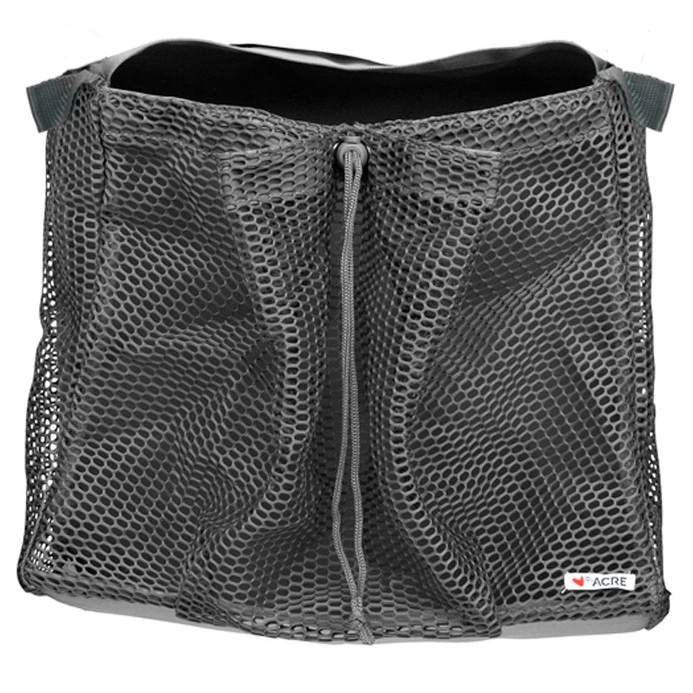 Gray mesh bag with drawstring on a white background