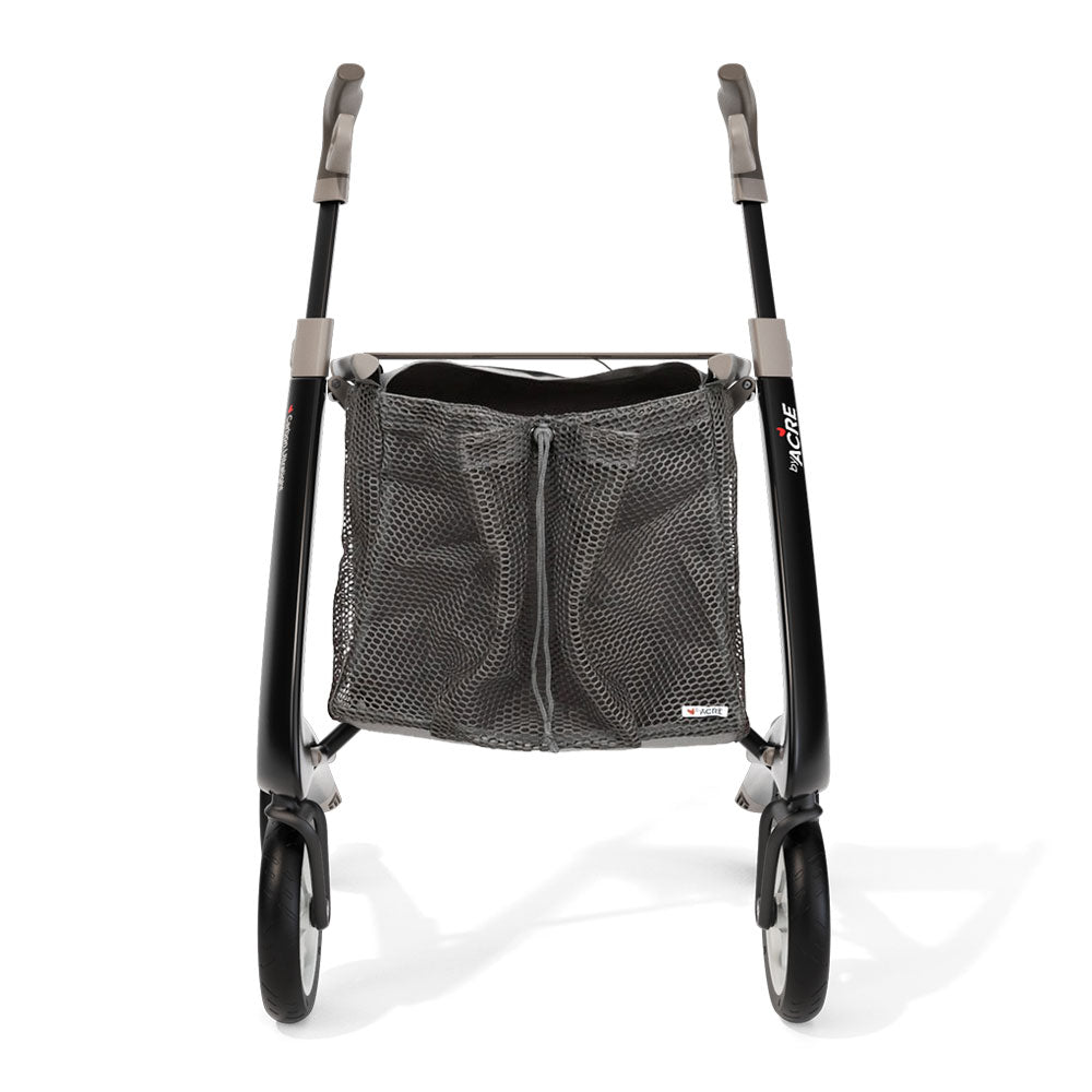 A black and gray mesh wheeled walker or stroller-style carrier with two wheels and a front storage mesh basket, photographed on a clean white studio background.