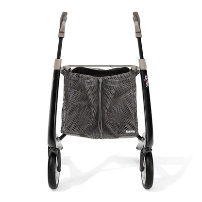 A black and gray mesh wheeled walker or stroller-style carrier with two wheels and a front storage mesh basket, photographed on a clean white studio background.
