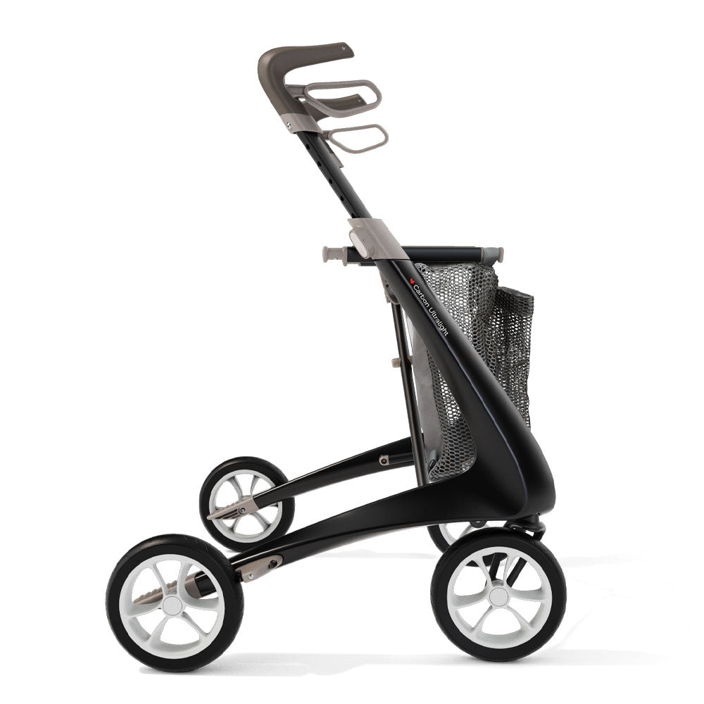 Black and silver rollator with a mesh basket on a white background