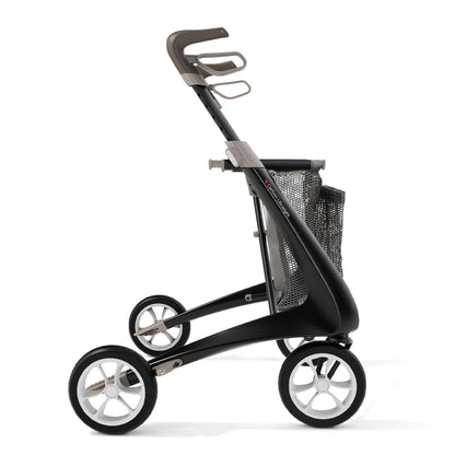 Black and silver rollator with a mesh basket on a white background