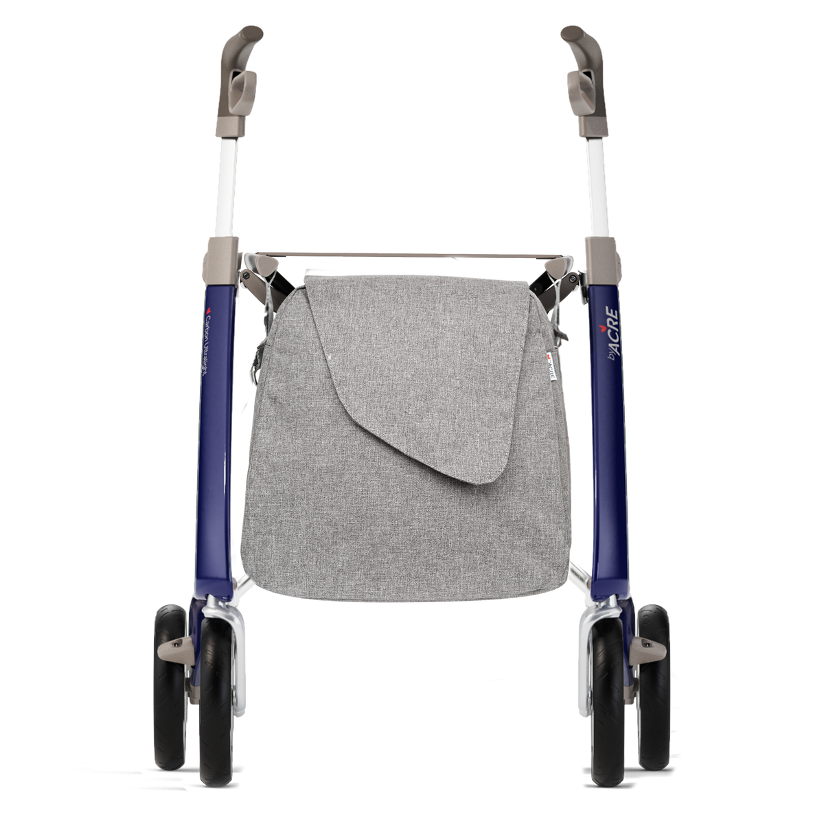 A rollator walker with a gray fabric storage bag hanging from the frame, featuring blue-purple metal legs, gray handlebars, and black wheels, shown against a plain white background.