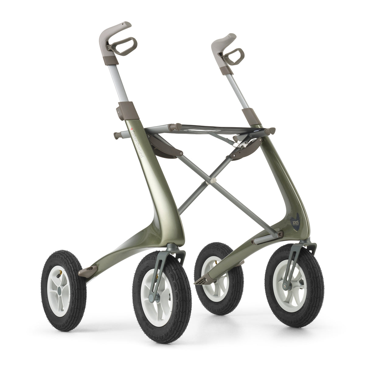 Foldable green rollator on a white background