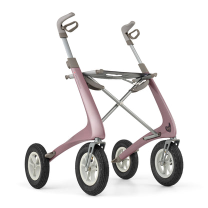 Pink and gray rollator on a white background