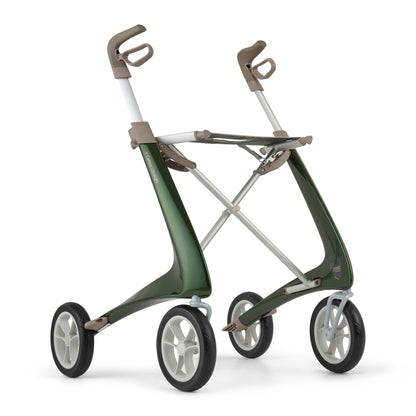 Green and beige rollator on a white background