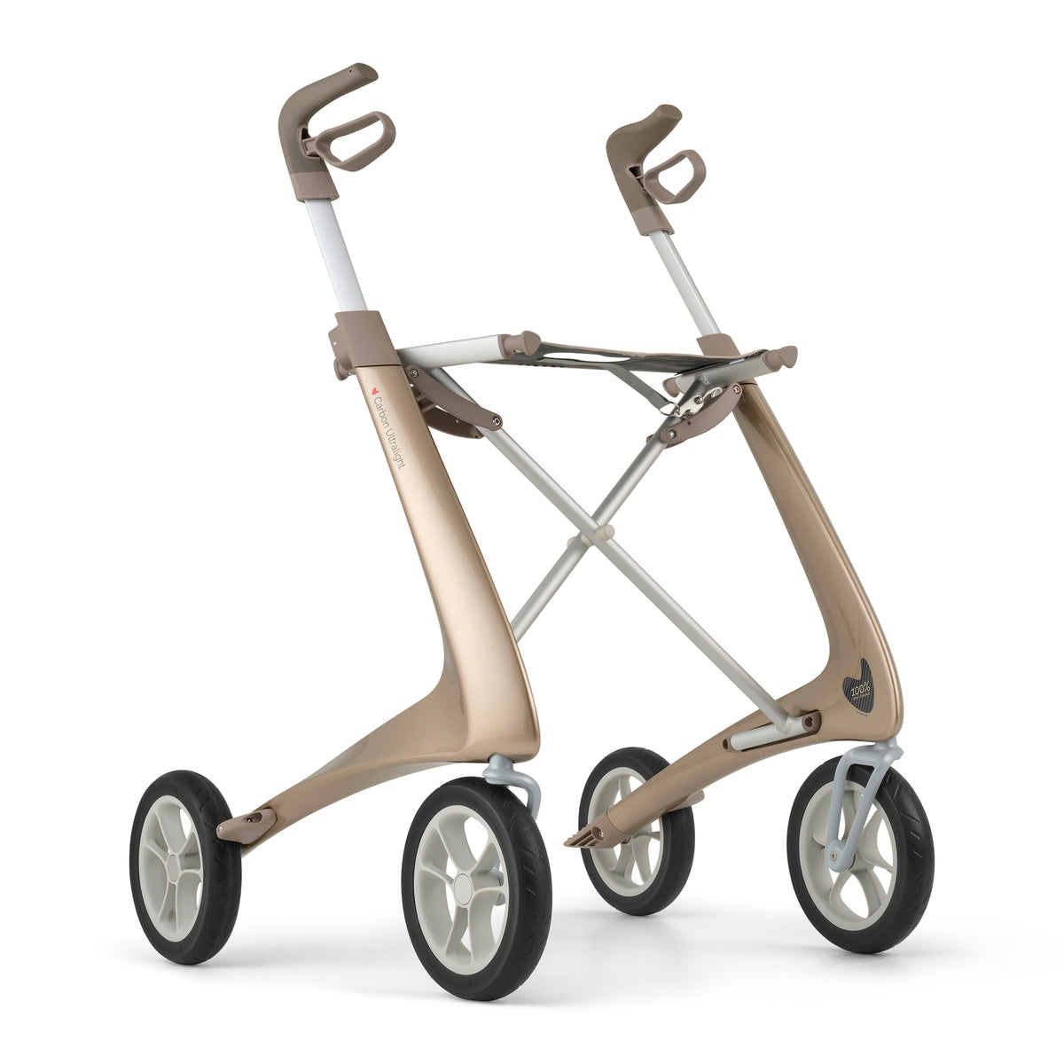Beige and white folding rollator on a white background