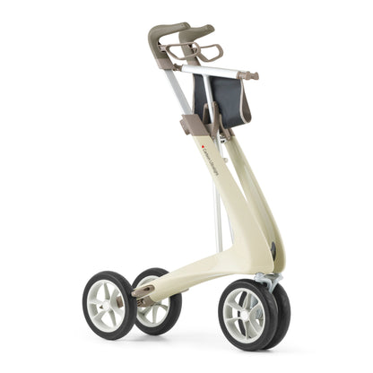 Beige rollator with four wheels on a white background