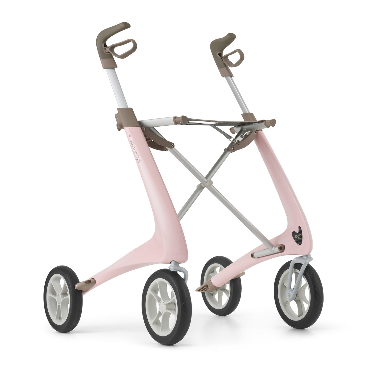 A pink and silver rollator with three wheels, featuring padded brown handles and a white support frame, shown on a solid white background.