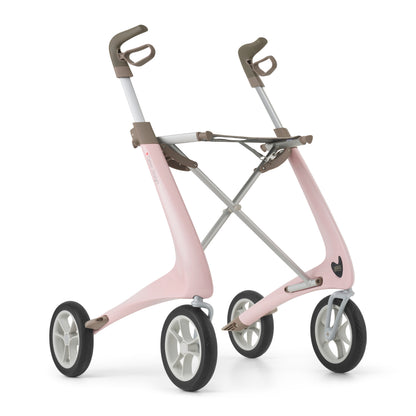 A pink and silver rollator with three wheels, featuring padded brown handles and a white support frame, shown on a solid white background.