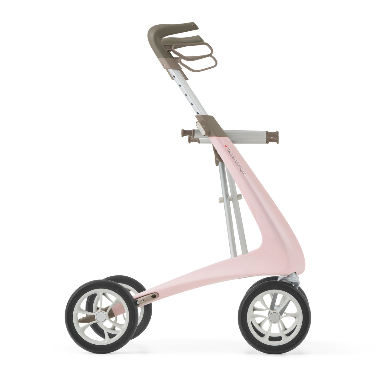 Pink rollator with gray handlebar on a white background