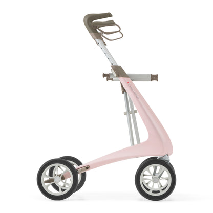 Pink rollator with gray handlebar on a white background