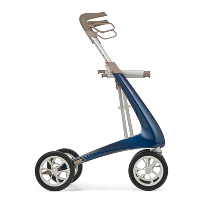 Blue and silver rollator on a white background