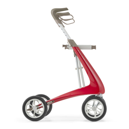 Red and gray rollator with four wheels on a white background