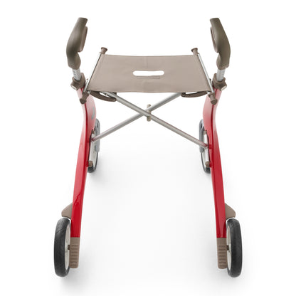 Red and gray walker with a seat on a white background