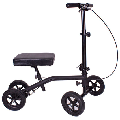 Carex Economy Knee Scooter front view showing memory foam knee rest, adjustable handlebars, hand brake cable, and 4-wheel frame on white background