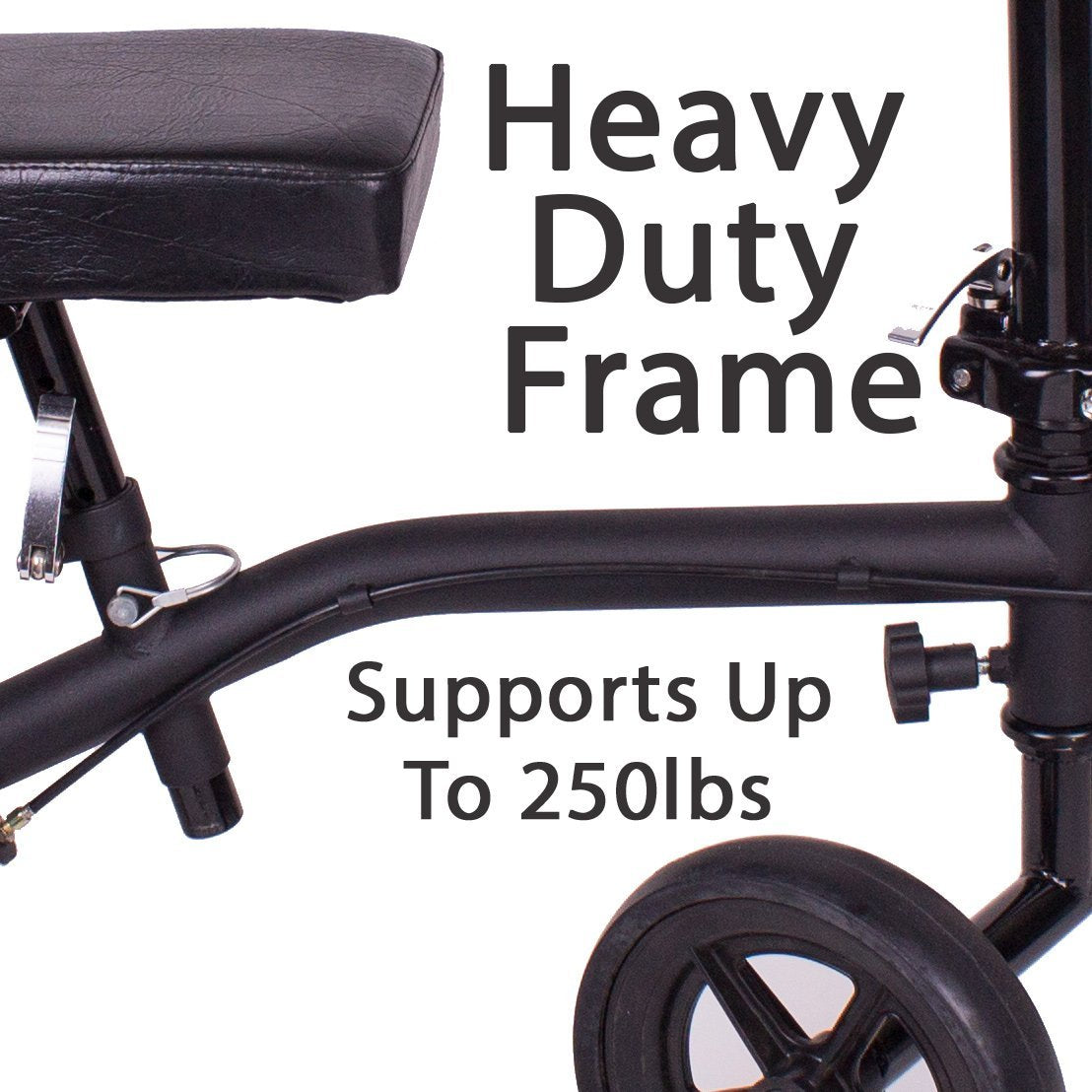 Carex Knee Scooter heavy-duty aluminum frame close-up with text reading "Heavy Duty Frame – Supports Up To 250lbs"