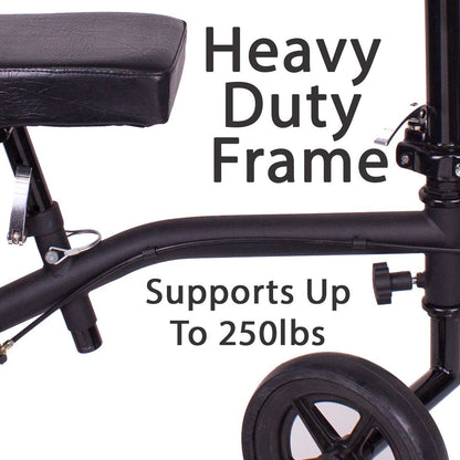 Carex Knee Scooter heavy-duty aluminum frame close-up with text reading "Heavy Duty Frame – Supports Up To 250lbs"