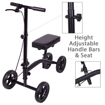 Carex Knee Scooter showing height-adjustable handlebars and knee seat with close-up detail of adjustment clamp and brake mechanism