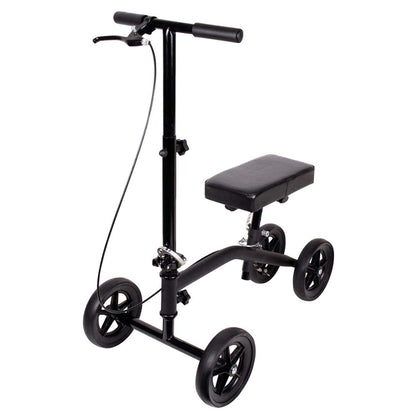 Carex Knee Scooter side angle view showing full frame, memory foam knee rest, hand brake cable, and 4-wheel base on white background