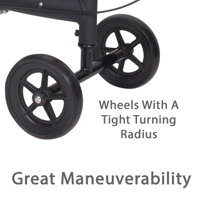 Carex Knee Scooter close-up of 7.5-inch rubber wheels with text reading "Wheels With A Tight Turning Radius – Great Maneuverability"