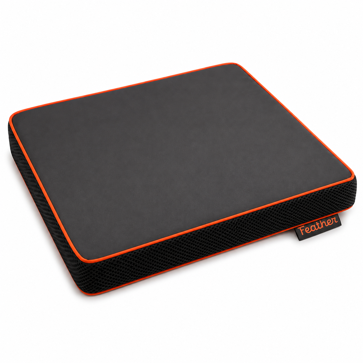 A rectangular black cushion featuring a small 'feather' brand tag on the front edge, shown on a plain white background.