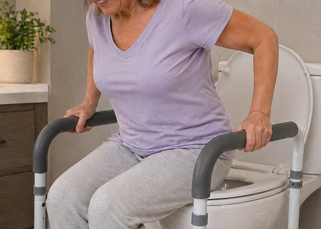 Lady using a toilet grab bar