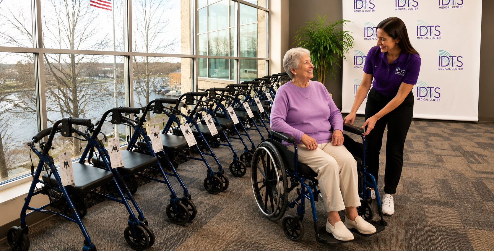 Woman assisting an elderly woman in a wheelchair near a row of walkers with IDTS branding.