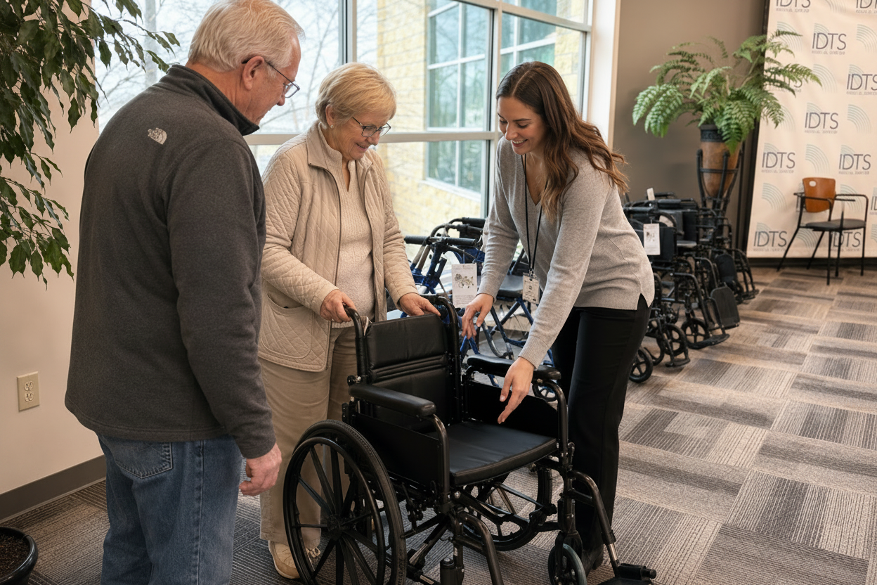 Person assisting an elderly woman with a wheelchair in a medical setting