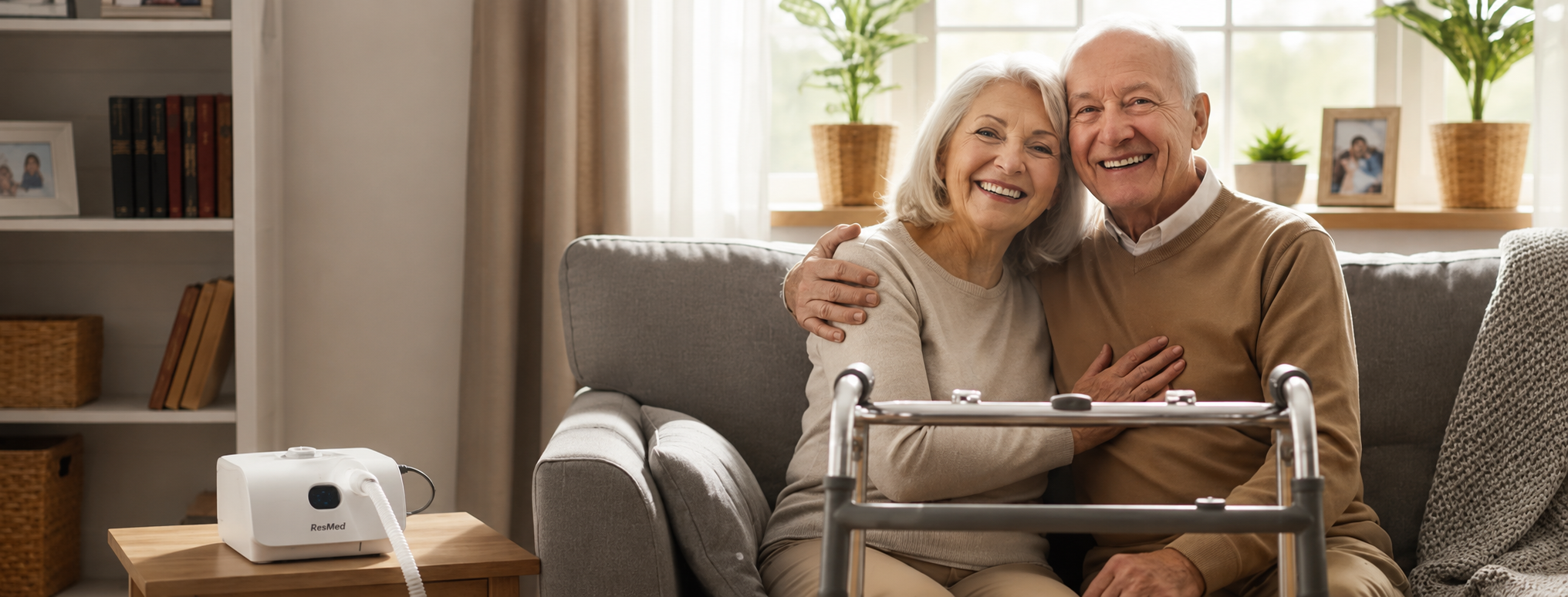 Senior couple sitting on a couch with a walker, smiling at home.