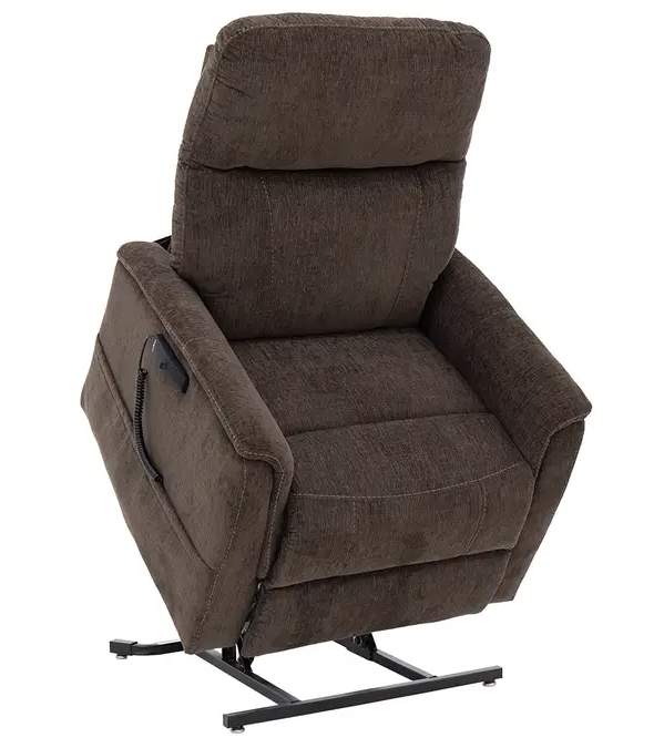 A dark brown textured fabric power lift recliner chair with a black metal support base, shown against a plain white background.