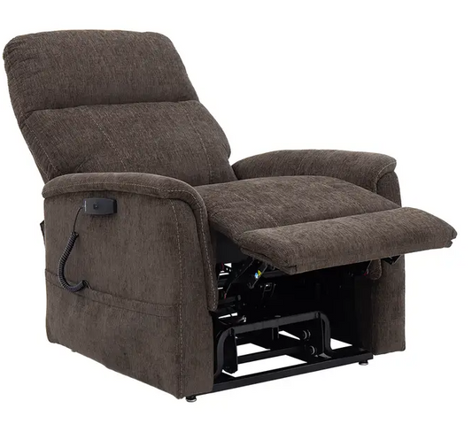 A brown textured fabric power recliner chair with the footrest extended, shown from a three-quarter angle on a white background.