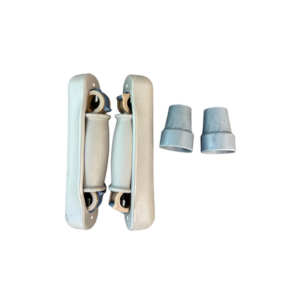 Replacement crutch accessory kit with padded hand grips, underarm cushions, and rubber crutch tips for standard mobility crutches on a white background.