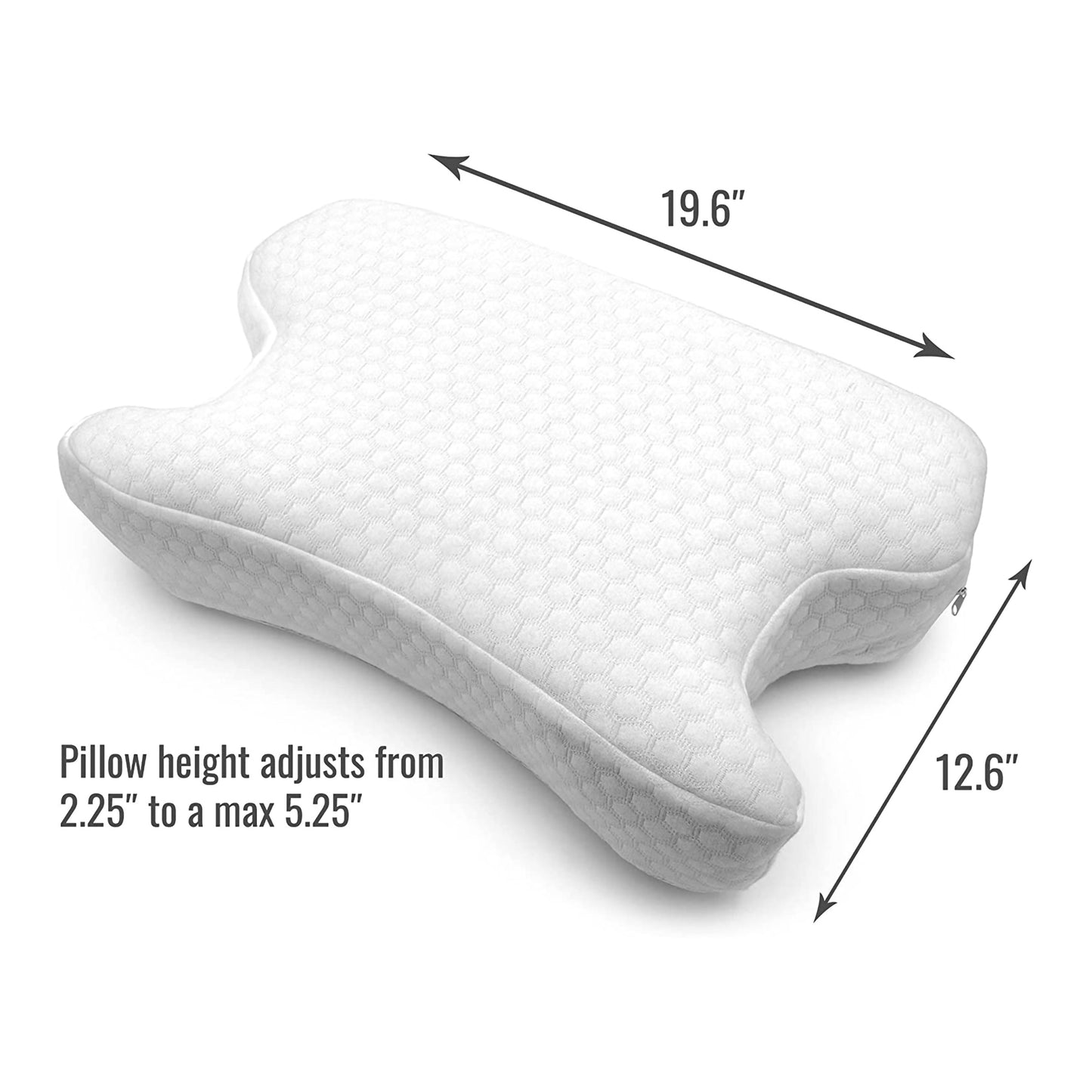 DMI® CPAP Bed Pillow dimensions, 19.6" wide x 12.6" deep, height adjusts from 2.25" to 5.25"