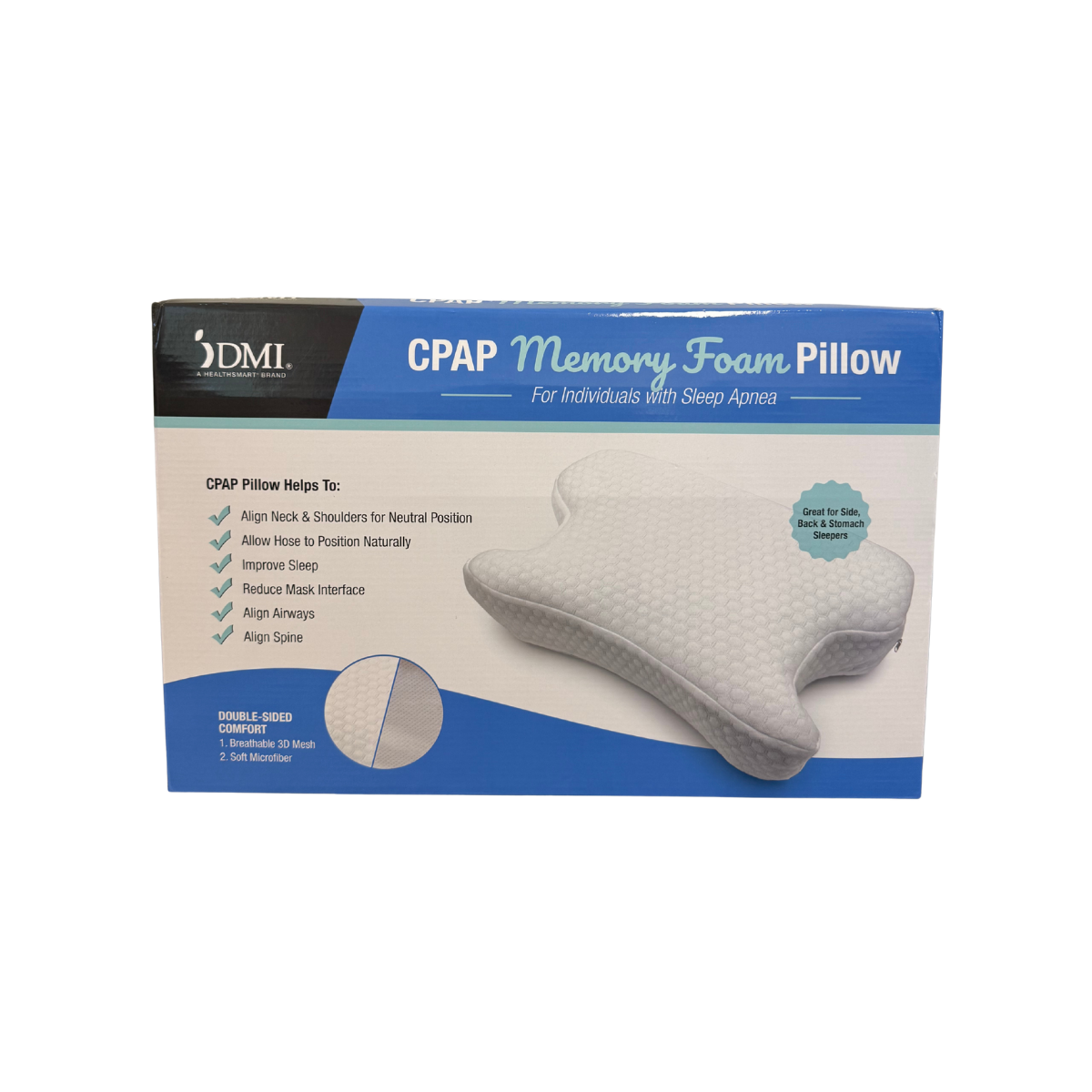 DMI CPAP Memory Foam Pillow retail box displayed on a white background featuring ergonomic contoured pillow design for CPAP users and sleep apnea support