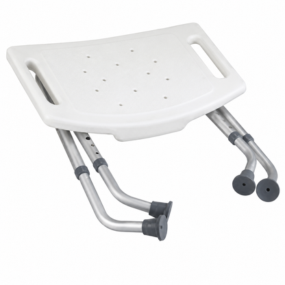 Drive folding shower bench with adjustable aluminum legs, drainage holes, and slip-resistant rubber feet for safe bathing support.